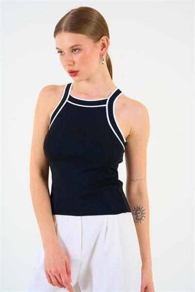 Düz Askısı İnce Çizgili Atlet - Siyah-Açık Krem