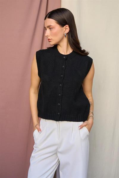 Düz Düğmeli Yelek - Siyah