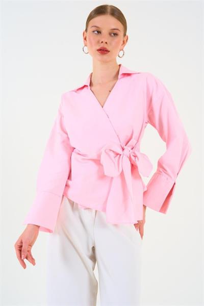 Düz Yandan Bağlamalı Gömlek - Pembe