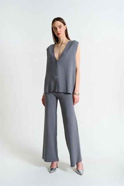 Düz Yelekli Pantolonlu Takım - Gri