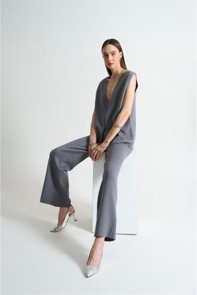 Düz Yelekli Pantolonlu Takım - Gri