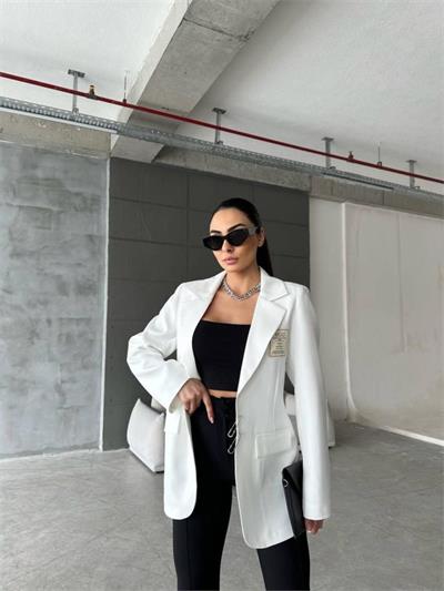 ELLO ETİKETLİ ÇENGELLİ İĞNE DETAYLI CEKET - Beyaz