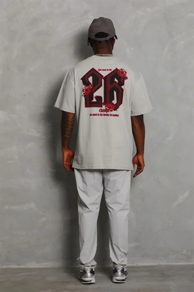 ERKEK Oversize Baskılı Bisiklet Yaka T-Shirt - Gri