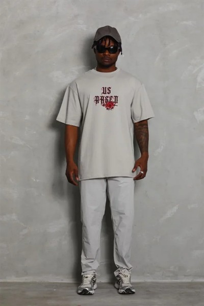 ERKEK Oversize Baskılı Bisiklet Yaka T-Shirt - Gri