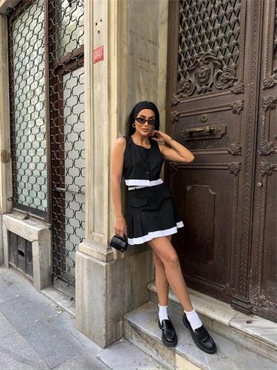 ETEKUCU ŞERİTLİ YELEK - TENİS ETEK TAKIM - Siyah