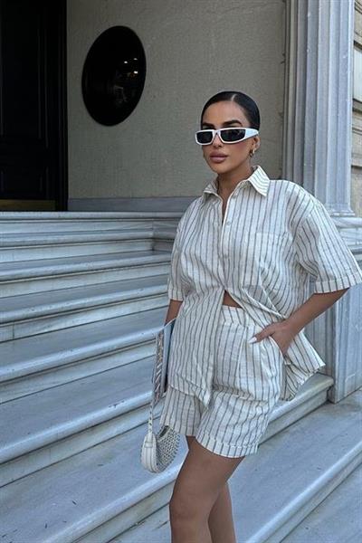 Eirene Çizgili Şort Takım 9822-0025