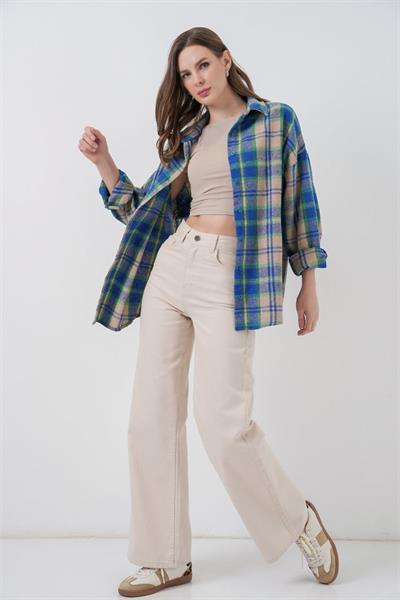 Ekose Desen Oversize Oduncu Gömlek 3854 Mavi Gri