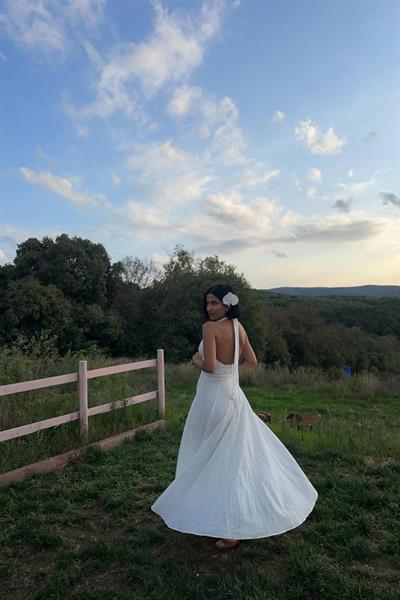 Ekru Askılı Keten Elbise