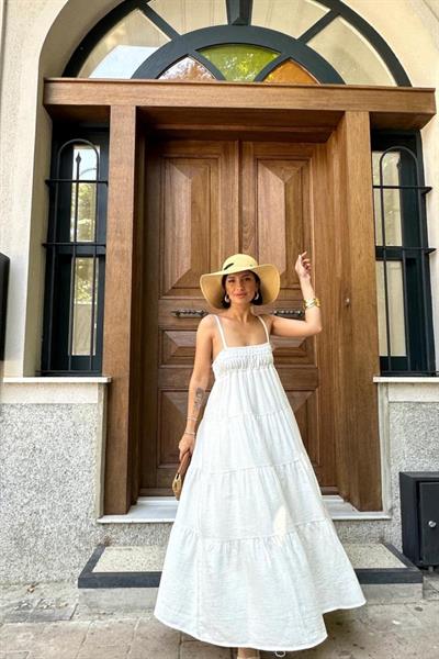 Ekru Askılı Parçalı Müslin Elbise