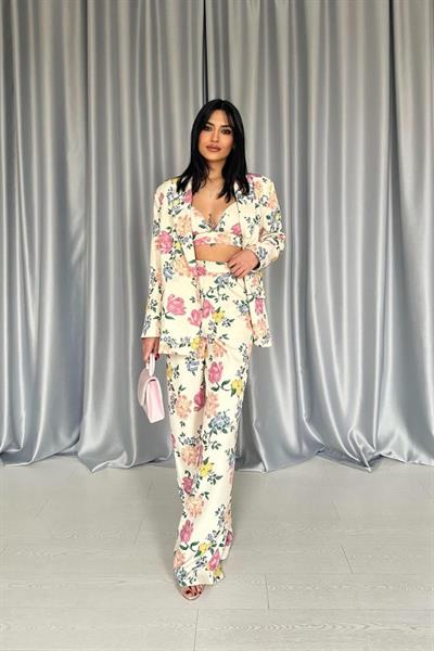 Ekru Baskılı Büstiyer Pantolon Ceket Takım