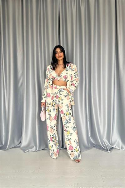 Ekru Baskılı Büstiyer Pantolon Ceket Takım