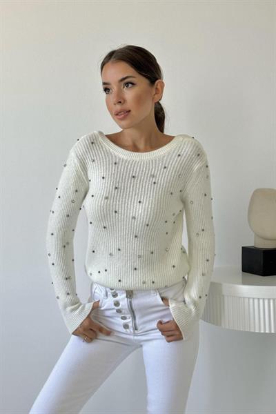 Ekru Boncuklu Triko Kazak