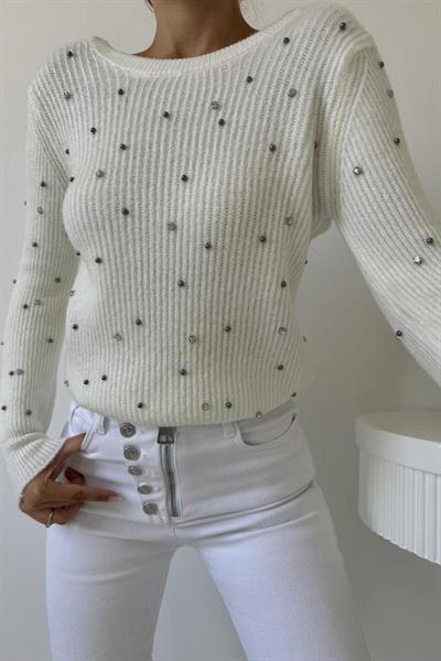 Ekru Boncuklu Triko Kazak