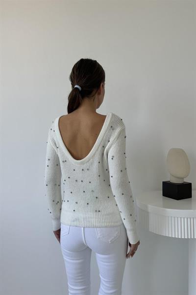 Ekru Boncuklu Triko Kazak