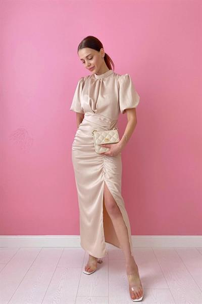 Ekru Büzgülü Saten Elbise