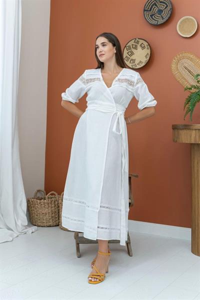 Ekru Dantel Detay Keten Elbise