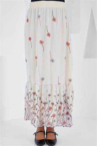 Ekru Desenli Şifon Etek 8010