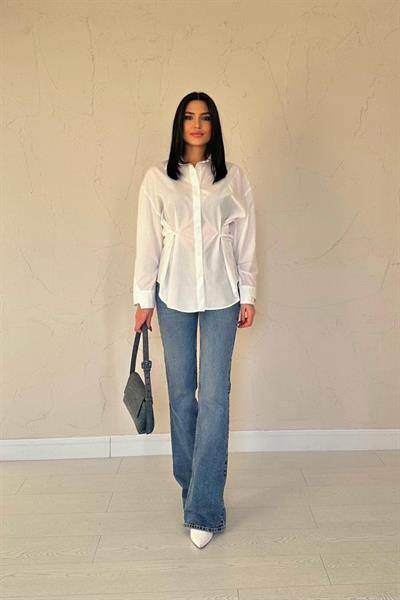 Ekru Düğme Detaylı Gömlek