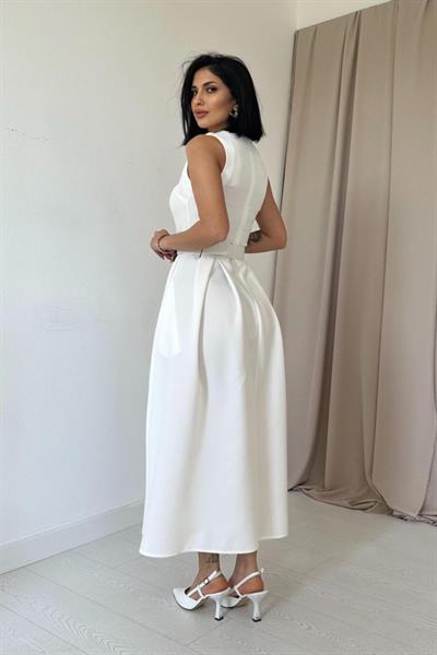 Ekru Halter Yaka Kloş Elbise