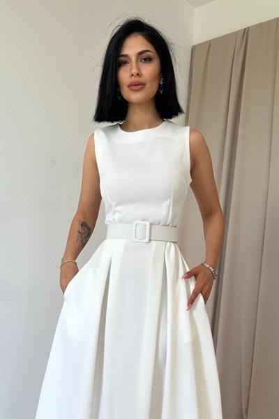 Ekru Halter Yaka Kloş Elbise