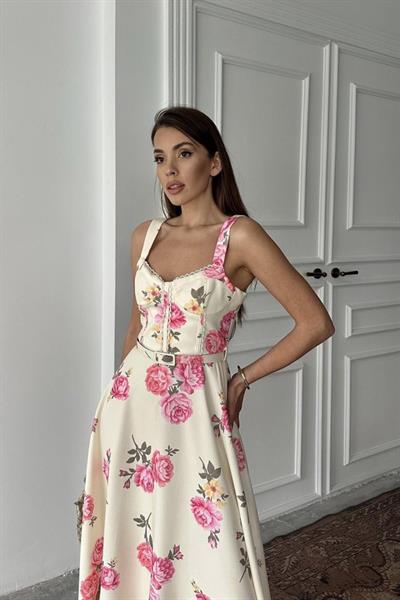 Ekru İnce Kemer Detaylı Elbise