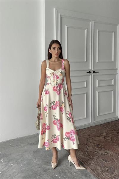 Ekru İnce Kemer Detaylı Elbise