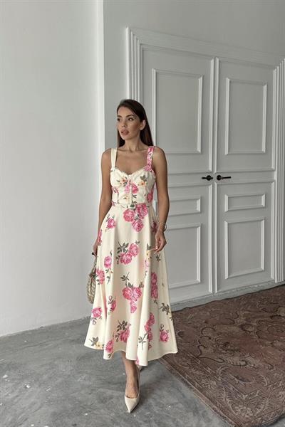 Ekru İnce Kemer Detaylı Elbise