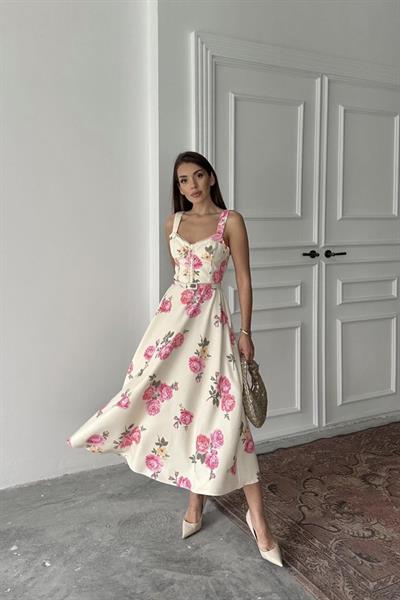 Ekru İnce Kemer Detaylı Elbise