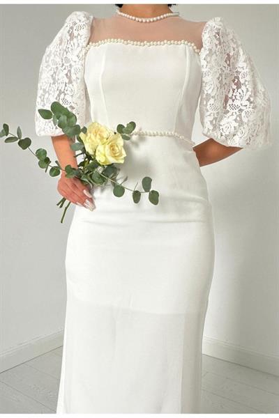 Ekru İncili Tül Detay Elbise