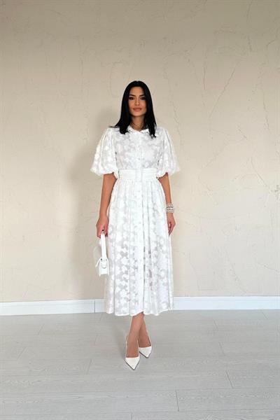 Ekru Kemerli Balon Kollu Elbise