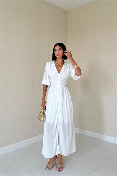 Ekru Önü Düğmeli Elbise