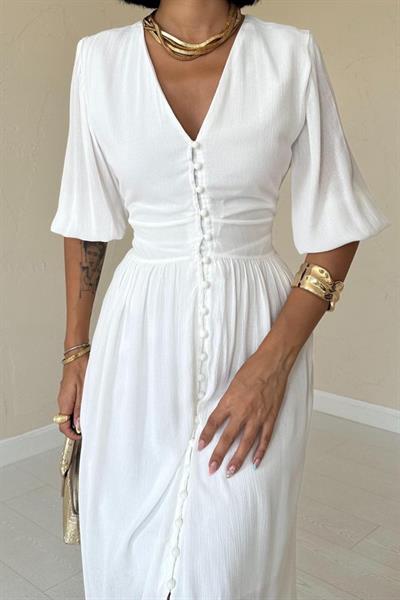 Ekru Önü Düğmeli Elbise