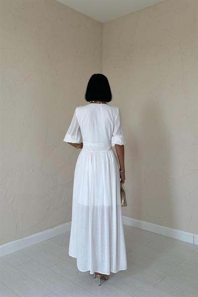 Ekru Önü Düğmeli Elbise