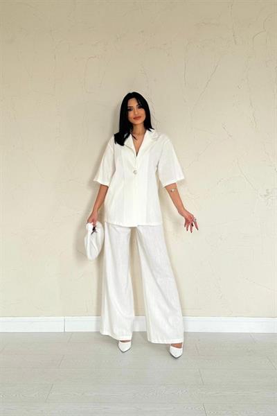 Ekru Önü Tek Düğmeli Ceket Pantolon Takım