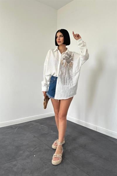 Ekru Pulpayet Nakışlı Bedensiz Gömlek