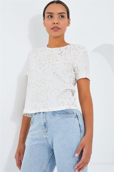 Ekru Varaklı Basic Tişört 909