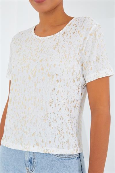 Ekru Varaklı Basic Tişört 909