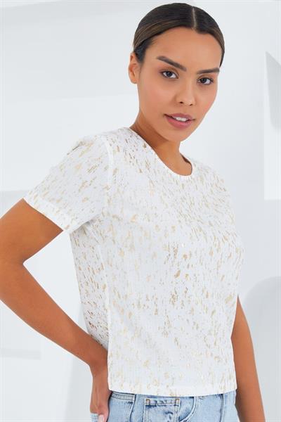 Ekru Varaklı Basic Tişört 909