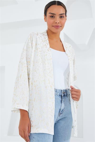 Ekru Varaklı Örme Kimono 5925