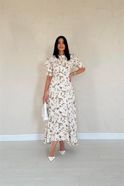 Ekru Yakası Bağlama Detaylı Elbise