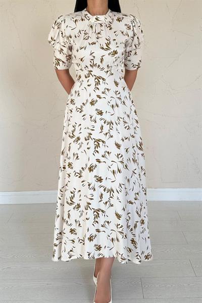 Ekru Yakası Bağlama Detaylı Elbise