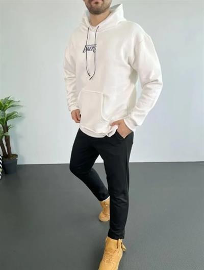 Erkek 24 Sırt Baskılı Ovresize Üç İplik Kapüşonlu Sweatshirt - Beyaz