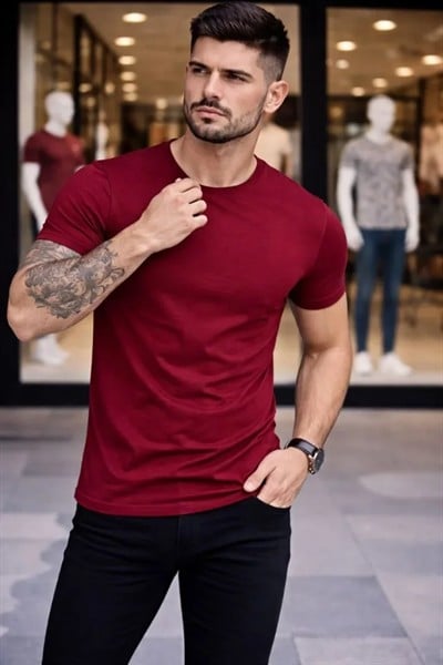 Erkek 2li Bisiklet Yaka Tişört – Kısa Kollu Yazlık Slim Fit Body - Siyah - Bordo