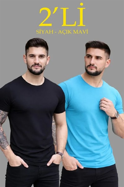 Erkek 2li Bisiklet Yaka Tişört – Kısa Kollu Yazlık Slim Fit Body - Siyah - Açık Mavi