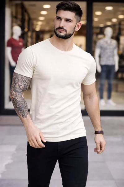 Erkek 2li Bisiklet Yaka Tişört – Kısa Kollu Yazlık Slim Fit Body - Siyah - Ekru