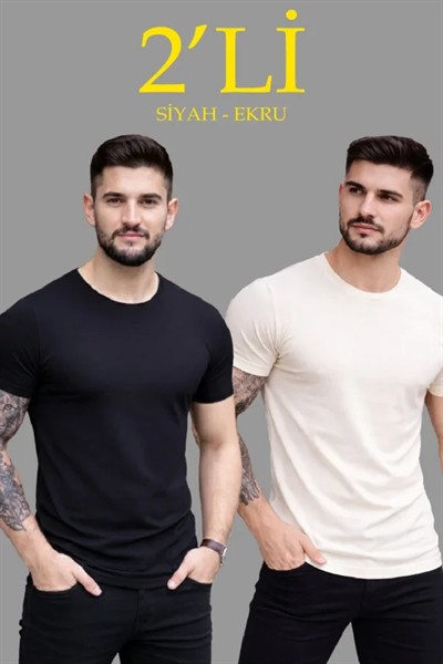 Erkek 2li Bisiklet Yaka Tişört – Kısa Kollu Yazlık Slim Fit Body - Siyah - Ekru