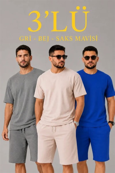 Erkek 2’li Oversize Tişört Şort Takım Seti Yazlık İki İplik Kumaş - Gri, Saks Mavisi, Bej