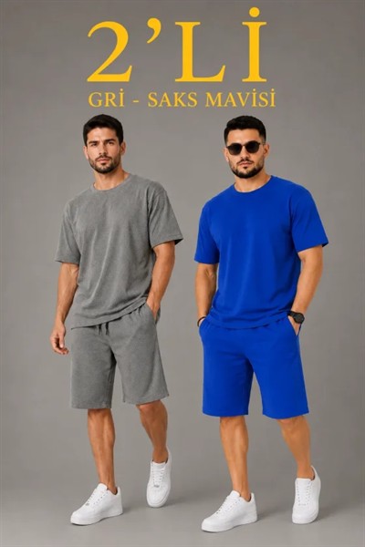Erkek 2’li Oversize Tişört Şort Takım Seti Yazlık İki İplik Kumaş - Gri, Saks Mavisi