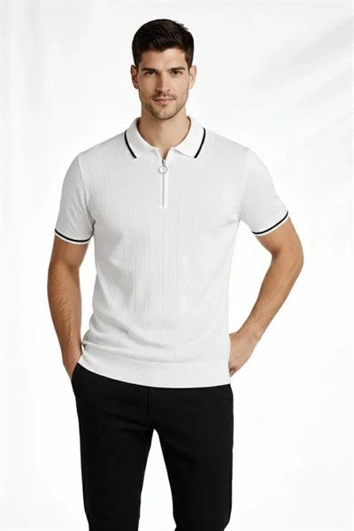 Erkek 2’li Paket Dokuma Triko  Fermuarlı Yakalı Fitilli Kısa Kollu Regular Fit Tişört - Beyaz - Siyah
