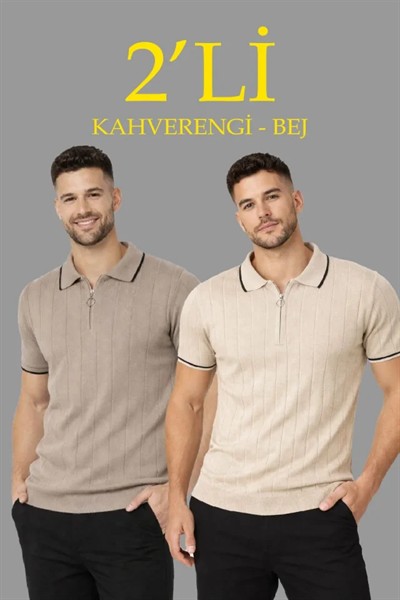 Erkek 2’li Paket Dokuma Triko  Fermuarlı Yakalı Fitilli Kısa Kollu Regular Fit Tişört - Bej - Kahverengi